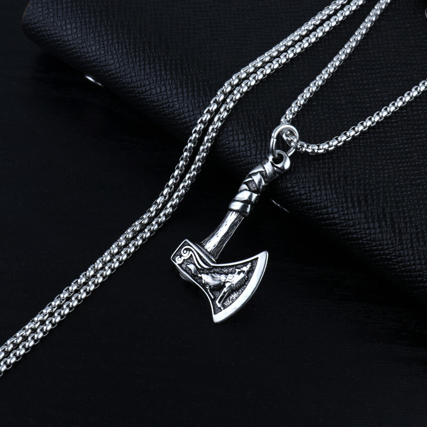 Mens Viking Raven Axe Wolf Pendant Necklace Stainless Steel Luxury Chain DEZILOO