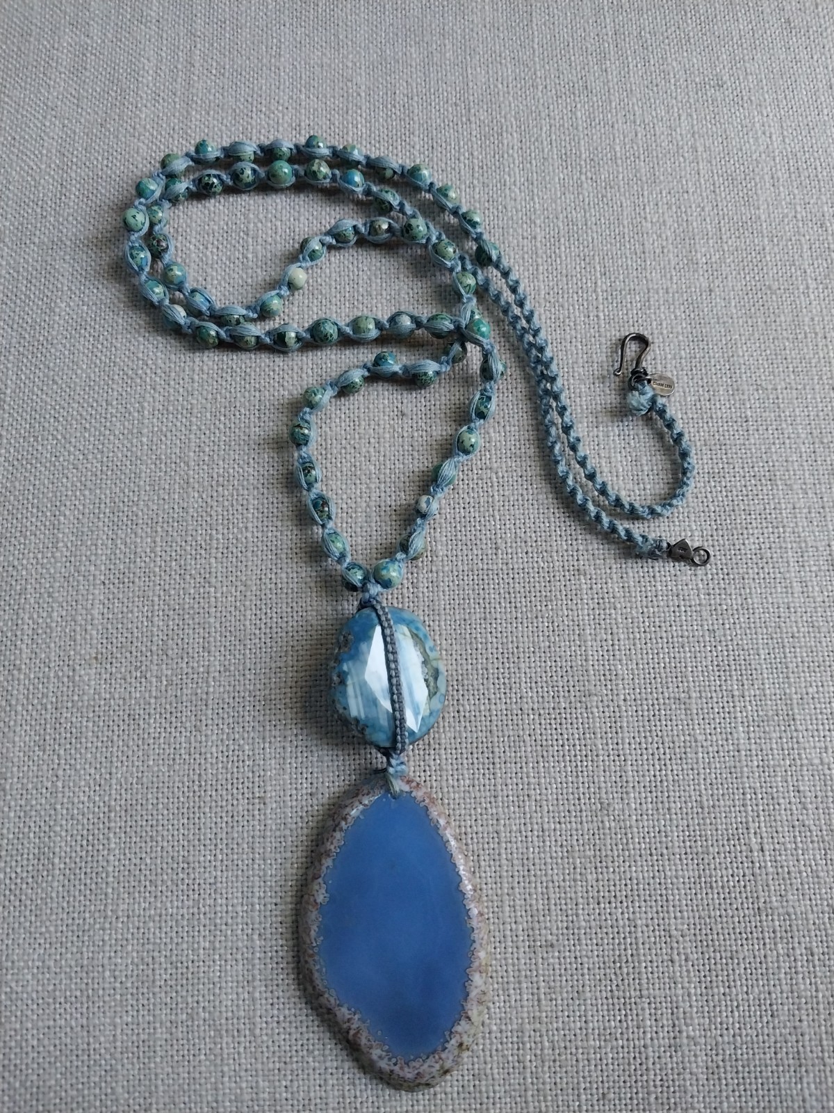 CHAN LUU Necklace Blue Agate Stone With Sliced Pendant And Sterling Clasp