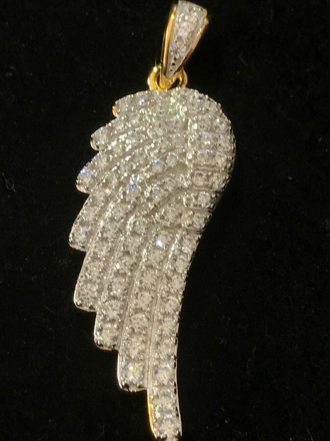 Angel Wing Pendant 14k Gold Plated Genuine Sterling Silver Simulated Diamonds