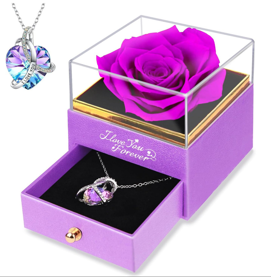 Valentine’s Day Forever Preserved Rose with Necklace Gift for Her Women Mom Wife