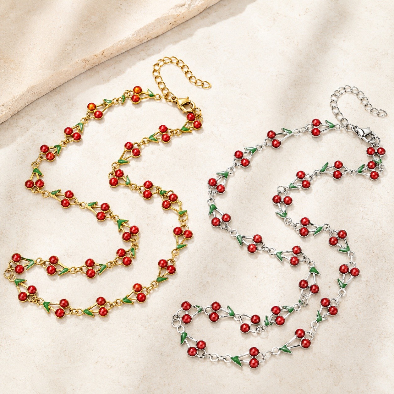 Chain Necklace Stainless Steel Gold Cherry Enamel Link Chain Red Silver N129
