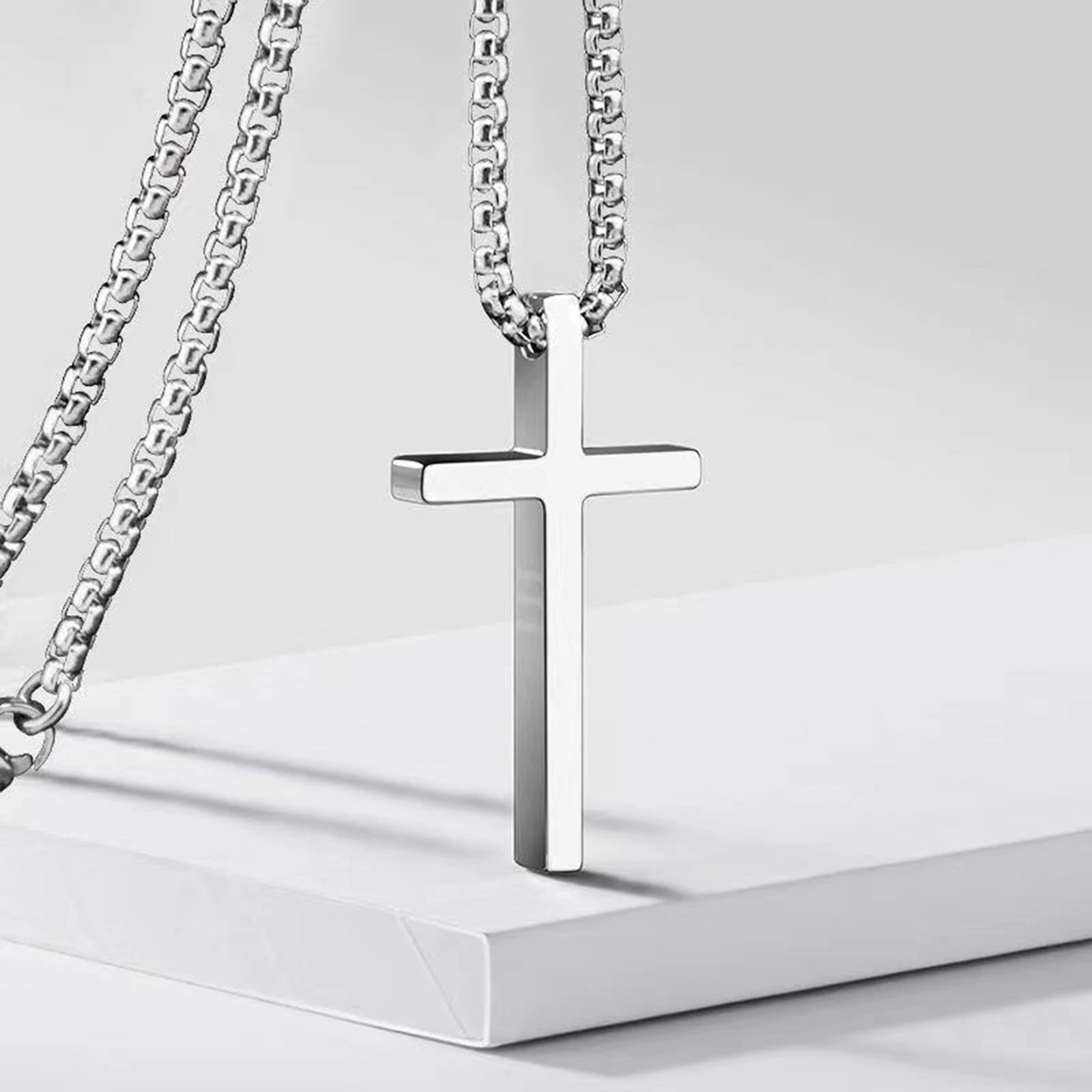 Vnox Cross Necklace Stainless Steel Chain Silver Cross Pendant Men Women