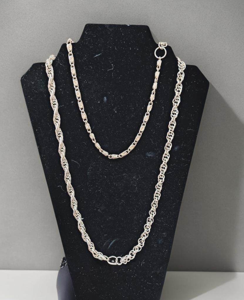 Long Thick Silver Tone Chain Necklace 35″ Double Rolo & Double Scroll Chains