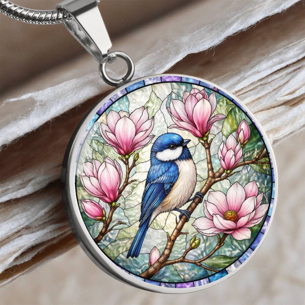 Bluebird Floral Engraved Necklace Bracelet or Keychain