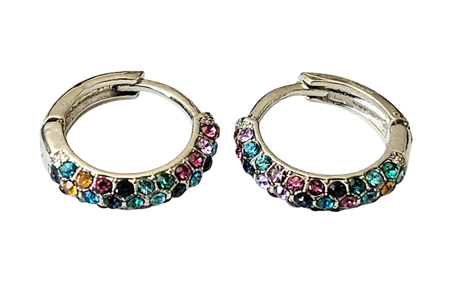 Mini Round Silver Plate Multicolor Rhinestones Hoop Earrings – New