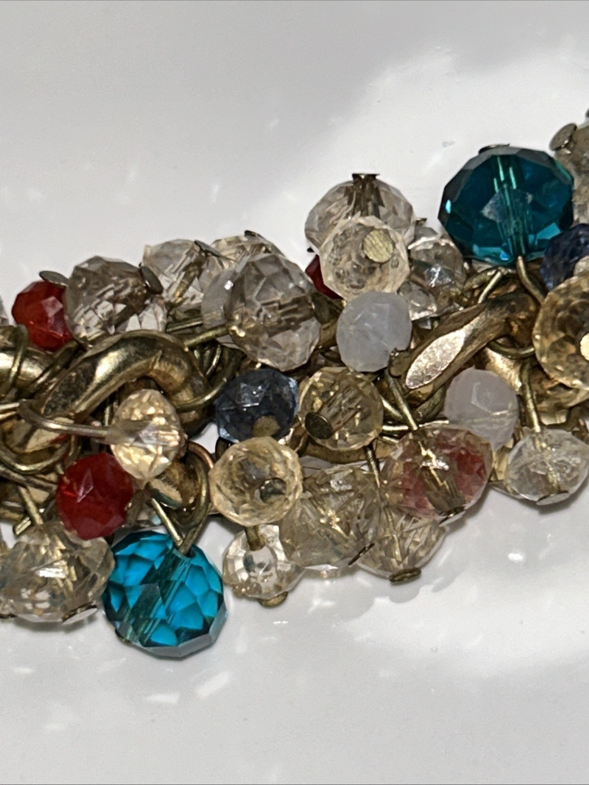 ZARA Gold Tone Chain Statement Necklace Cluster Beads, Blue, Red, Bronze 17-20”