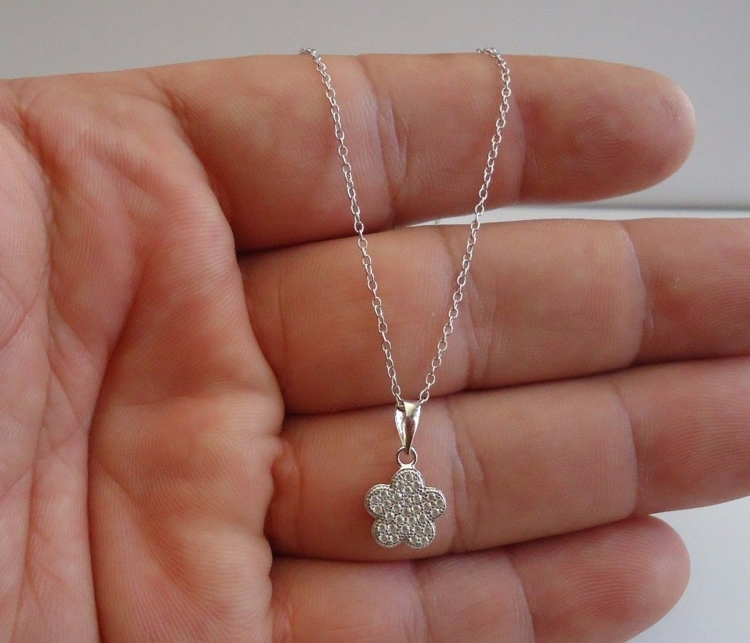 925 STERLING MICRO PAVE FLOWER NECKLACE PENDAND SIMULATED DIAMOND/ 10MM DIAMETER