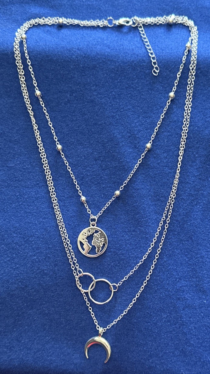Layered Crescent Charm Necklace Silver Tone Globe Circle Adjustable chain New!