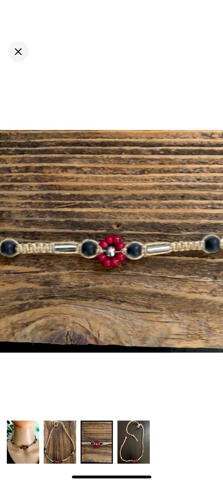 Flower Pendant Beige Cord Beaded Choker Necklace Boho Adjustable Red Silver