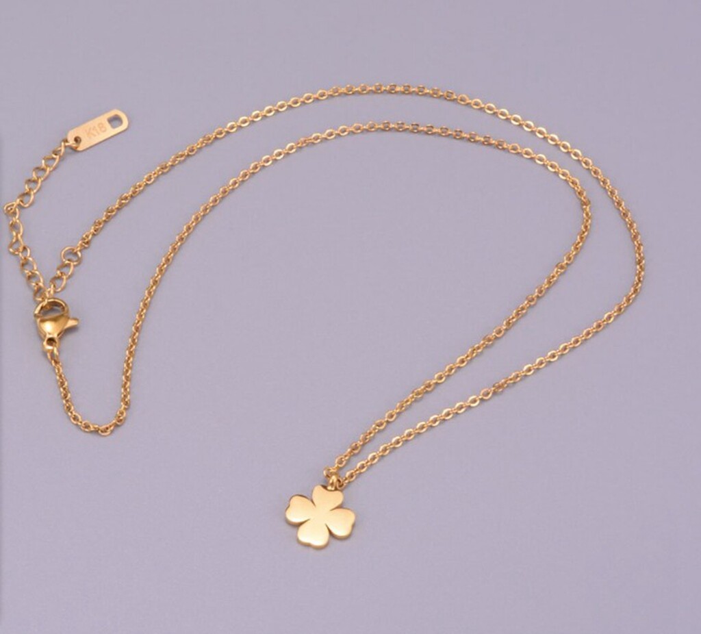 Women Girl Titanium Stainless Steel 15 mm Gold Four Leaf Clover Necklace 16-18″