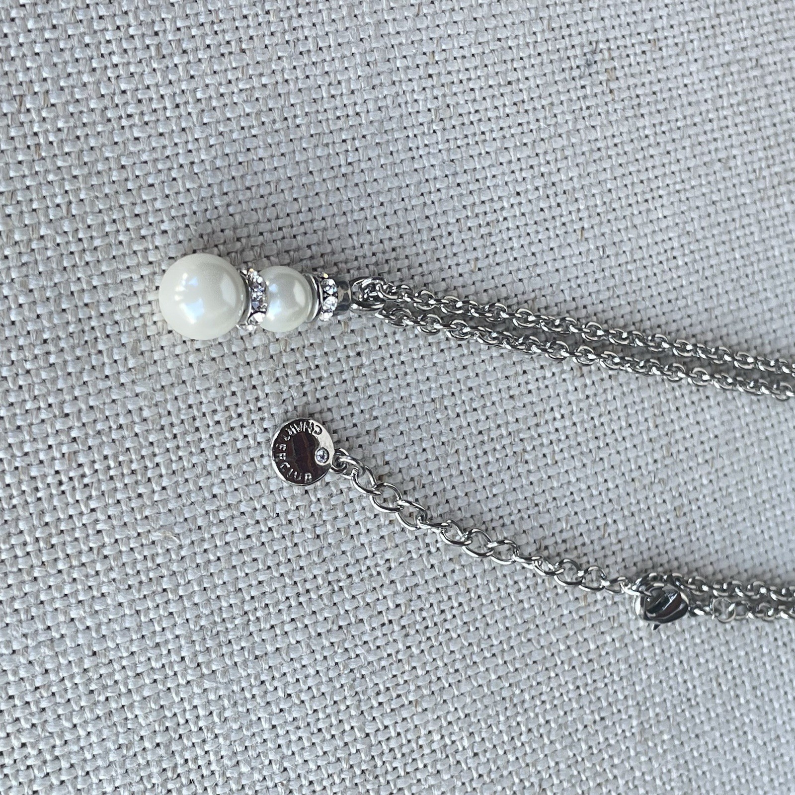Charter Club Faux Pearl Rhinestone Pendant Necklace Silver Tone Signed 18-20”