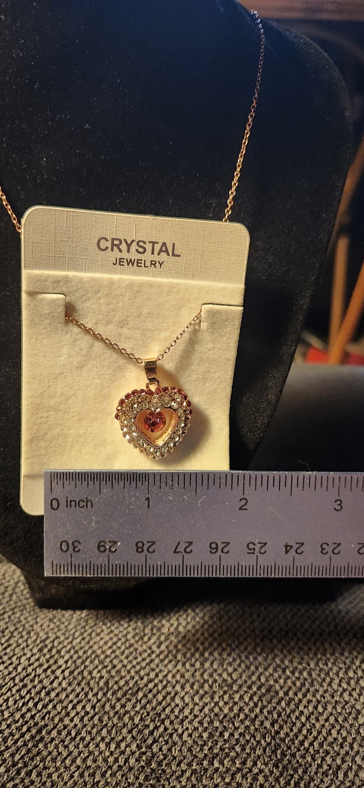 Vtg Red Colored Crystal Heart Necklace 16-20in Adjustable Chain