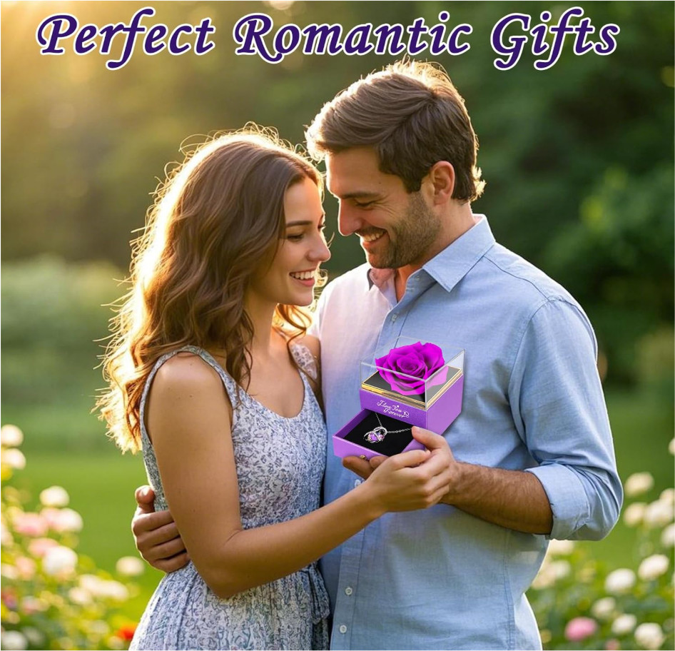 Valentine’s Day Forever Preserved Rose with Necklace Gift for Her Women Mom Wife