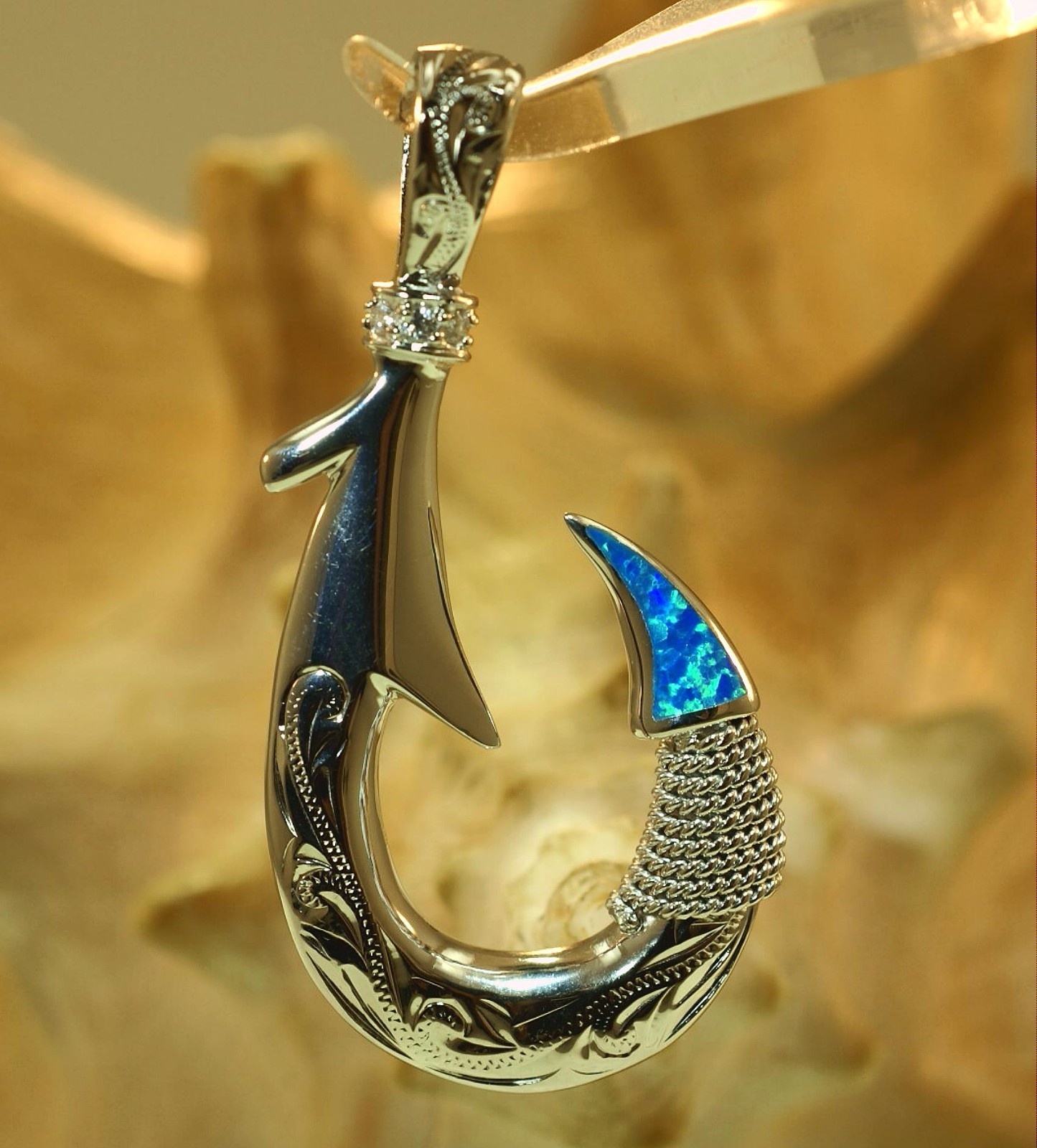 28MM HAWAIIAN 925 SILVER HEAVY 2-SIDED SCROLLS FISH HOOK INLAID OPAL CZ PENDANT