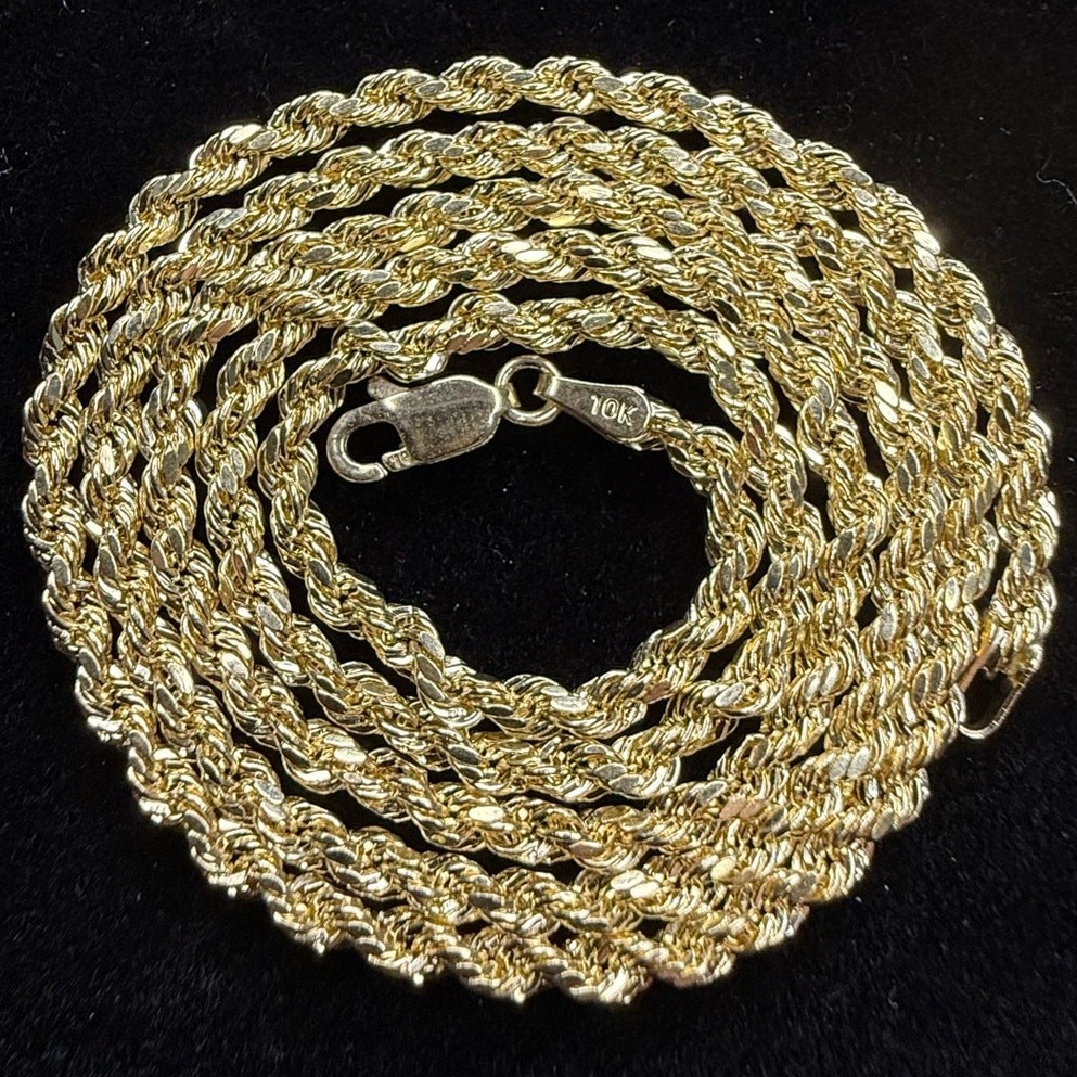 Solid 10k Yellow Italian Gold Diamond Cut Rope Necklace Chain 22″ Long 3mm Wide