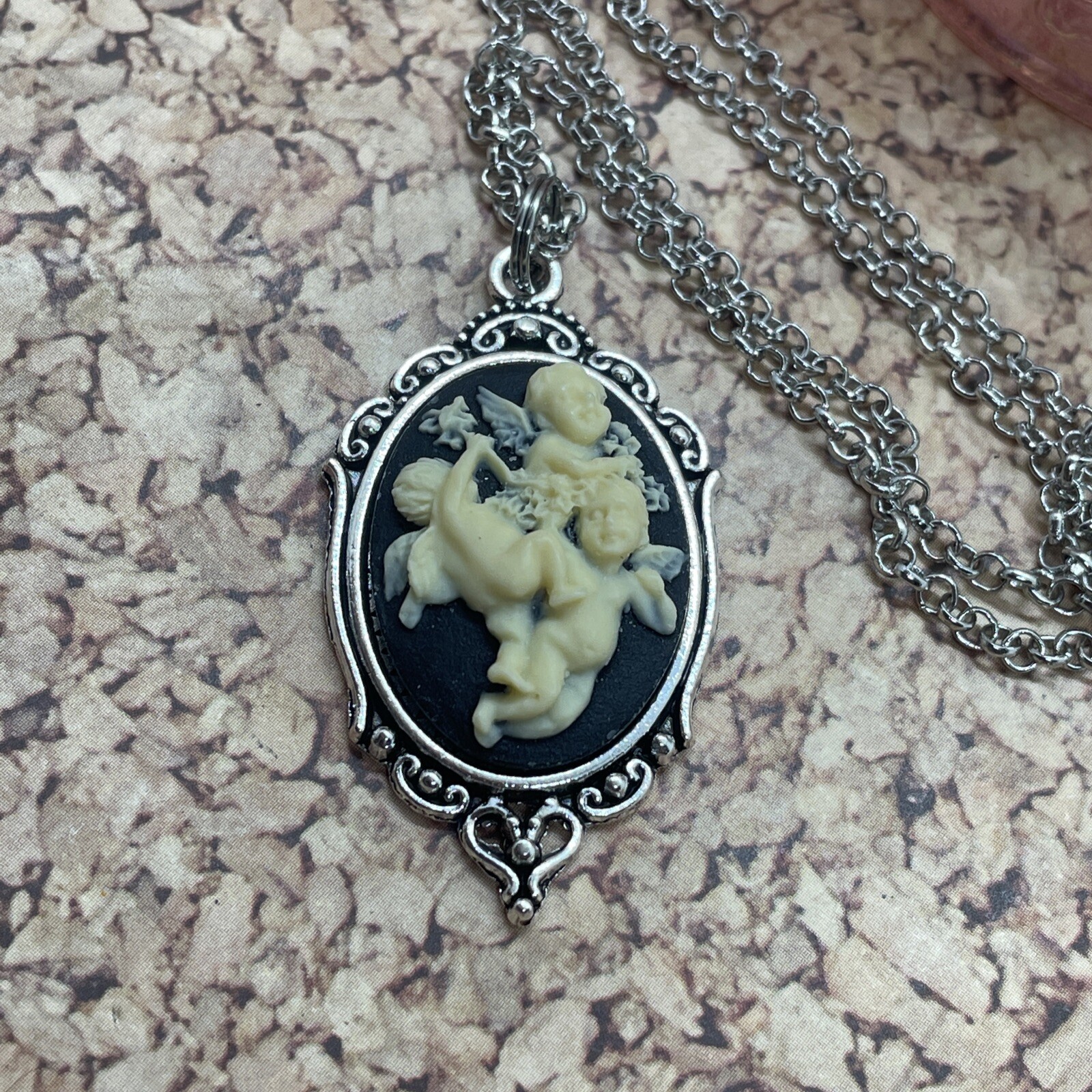 Valentine’s Day Gift ANGEL Wife Cherub Heart Silver Arrow Cupid Cameo Necklace