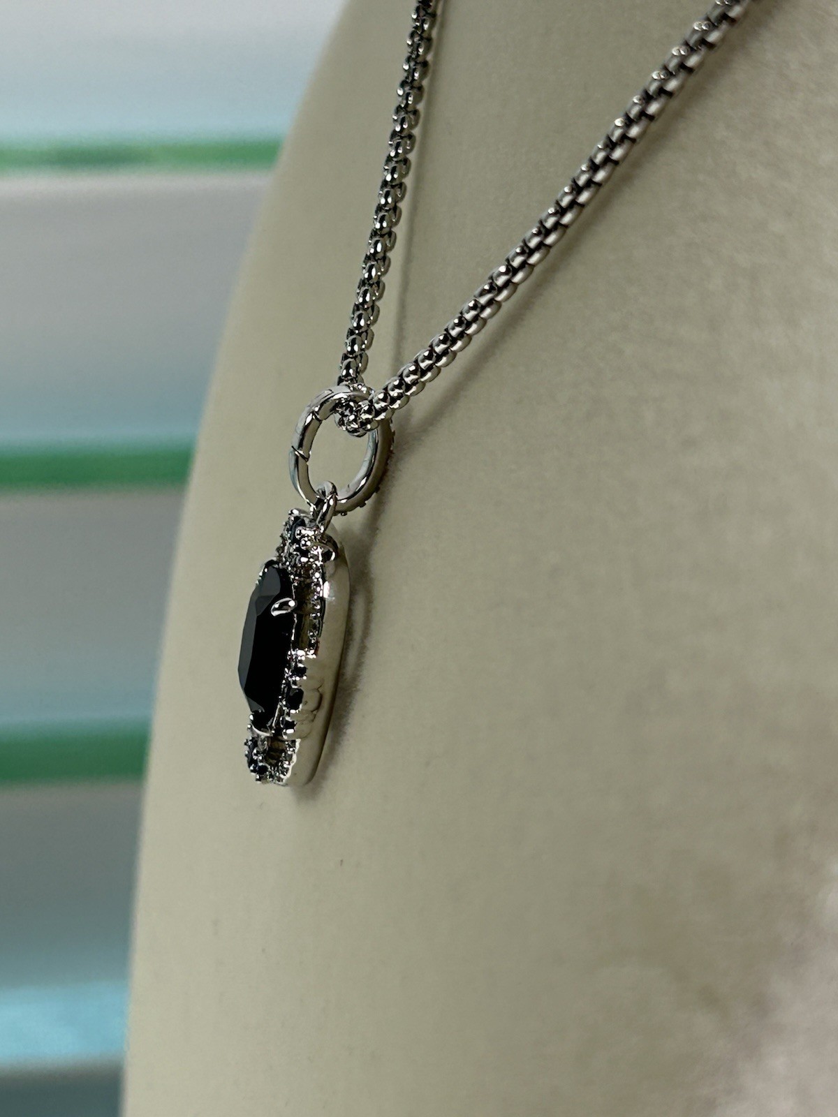Rhodium plated LC Sapphire Halo Charm Pendant Box Chain Necklace Adjustable