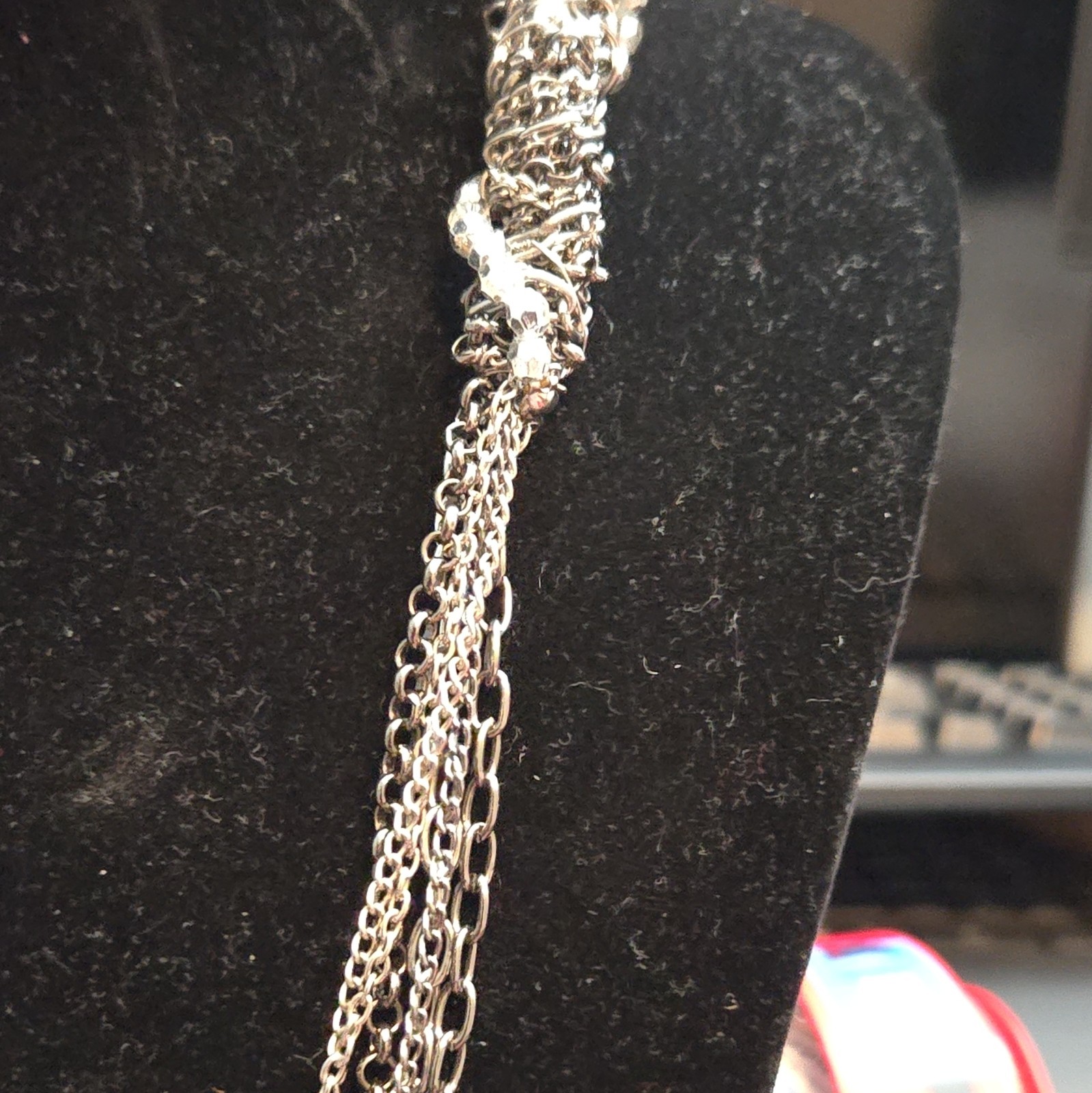 Silver Tone Cable Chain Statement Necklace Clear Round Crystal Beads 28″