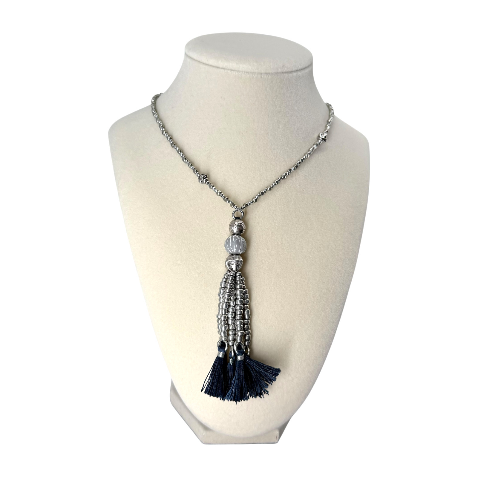 J Jill Tassel Necklace Silver Tone Beaded Blue Pendant Boho Long 32″ Coastal NWT