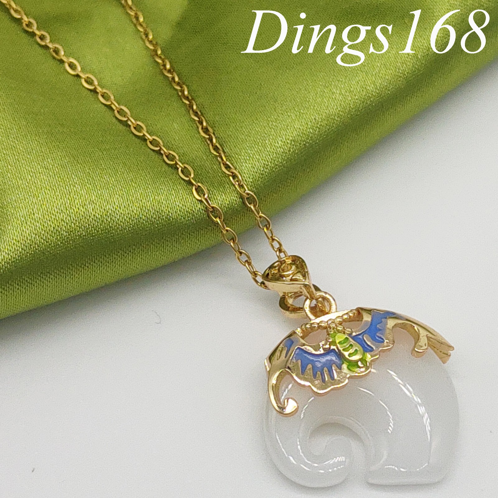 18K Yellow Gold Filled 18*19mm White Jade Elephant Pendant+ Cable Chain Necklace