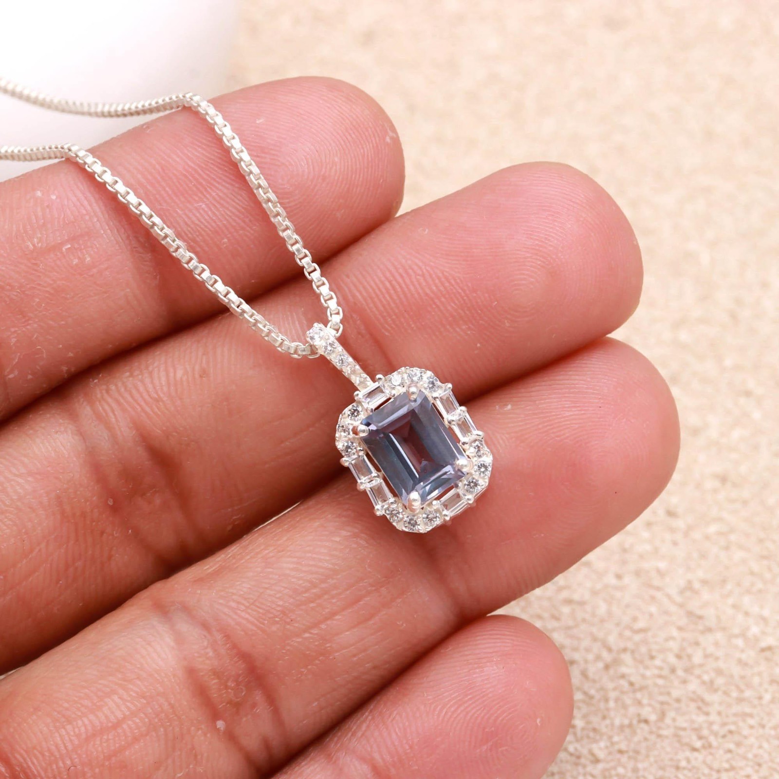 Colour Changing Alexandrite Emerald Necklace Solid Silver Moissanite Jewelry