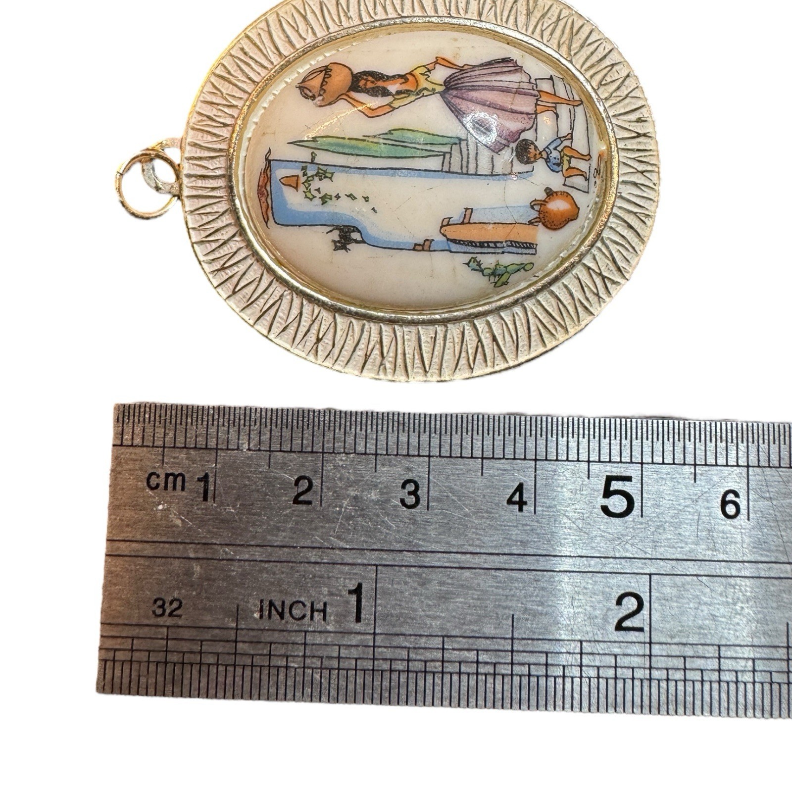 Vintage West Germany Pendant Painted Folk Art Scene Woman Child Cat Oval