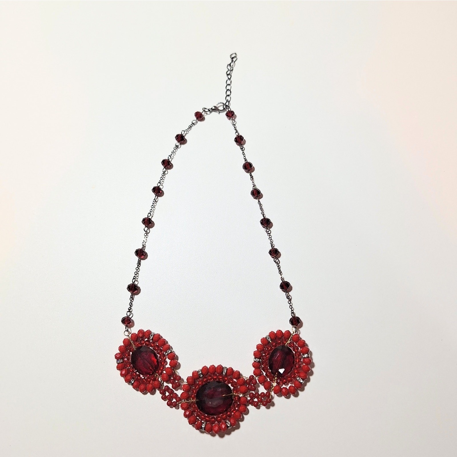 Red Statement Necklace 3 Beaded Discs Center Glass Stones Chain Lobster Clasp