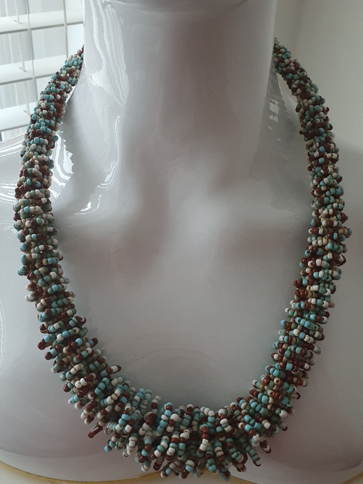 Blue White Brown Twisted Seed Bead None Metal Tribal Ethnic Adjustable Necklace