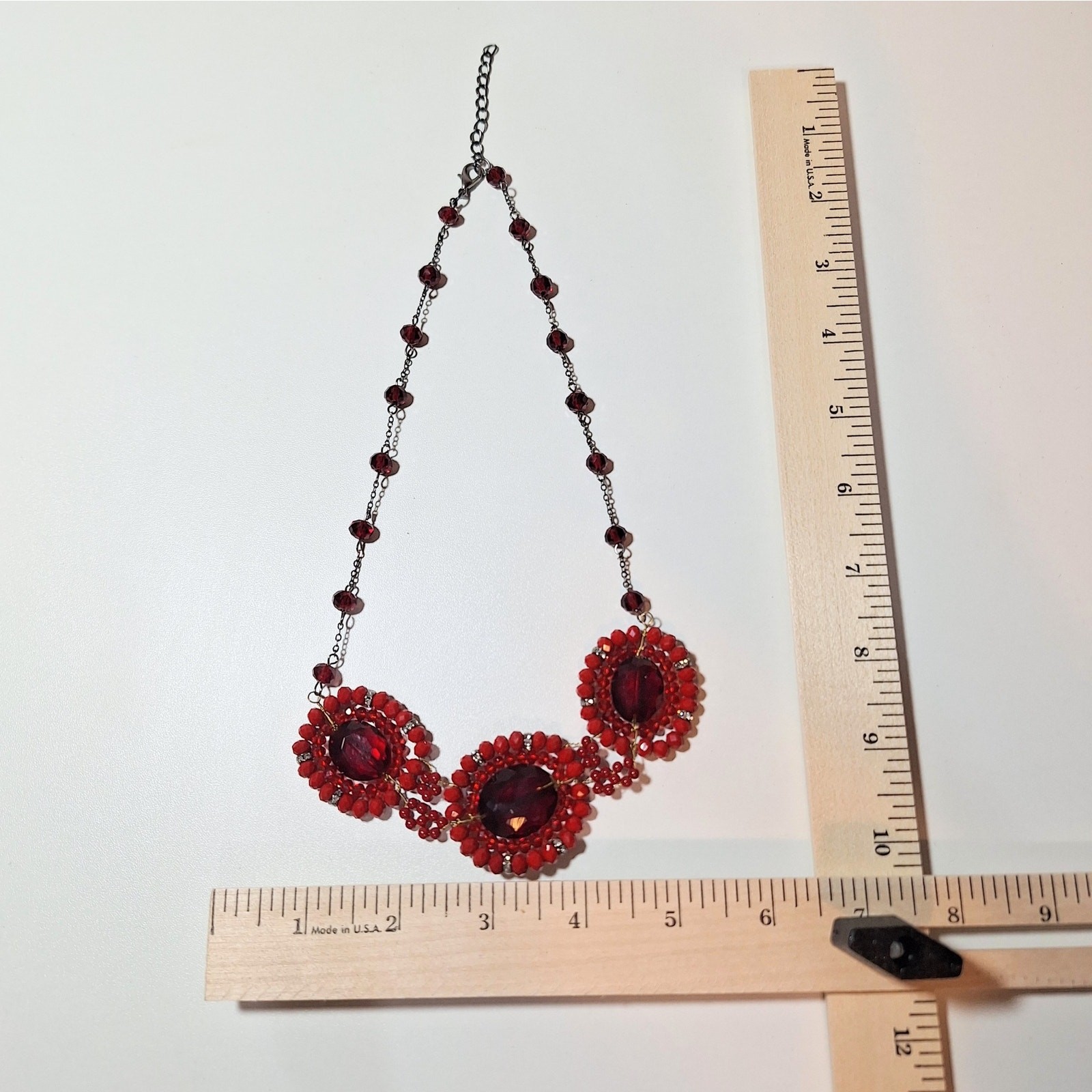 Red Statement Necklace 3 Beaded Discs Center Glass Stones Chain Lobster Clasp