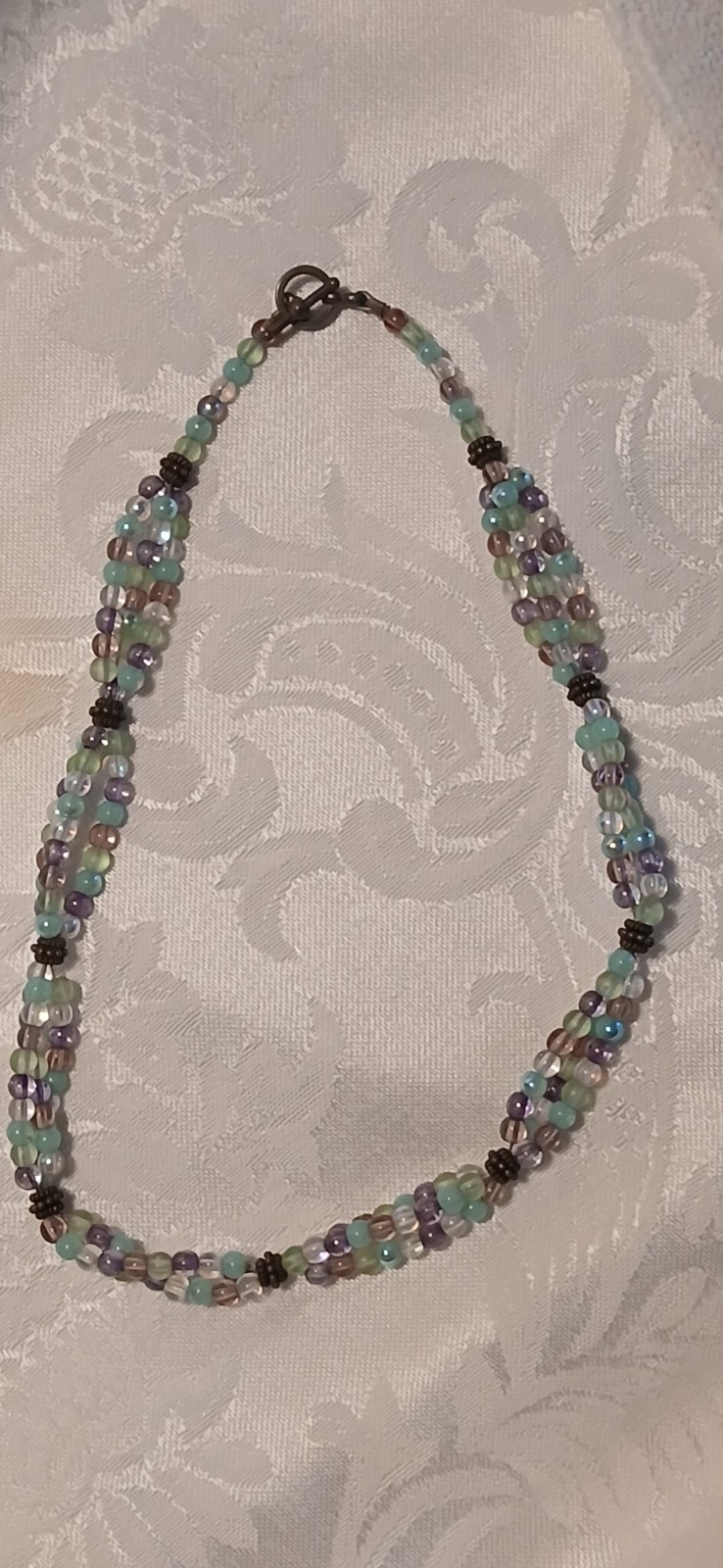 Triple Strand Choker, Amethyst, Blue, Clear, Glass, Toggle Clasp, 15″, Handmade