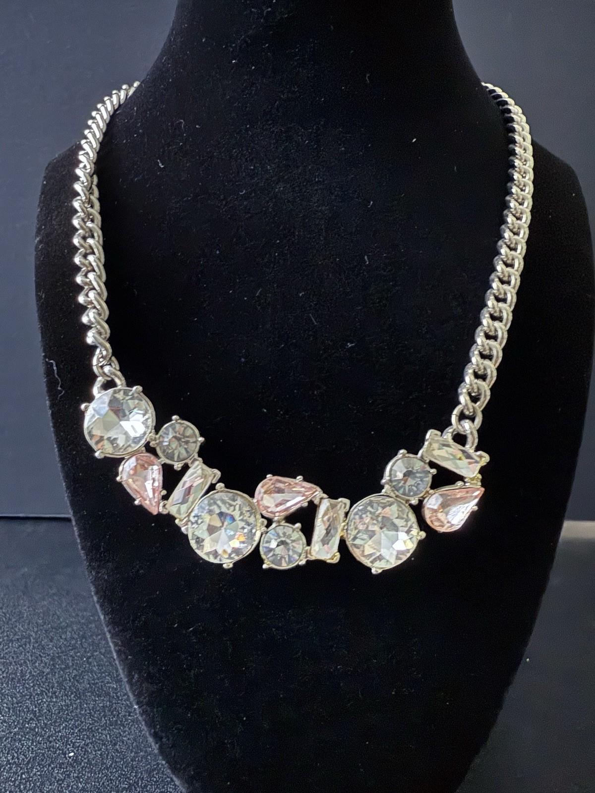 Pink and Colorless Rhinestone Bib Necklace Silver Tone Chain