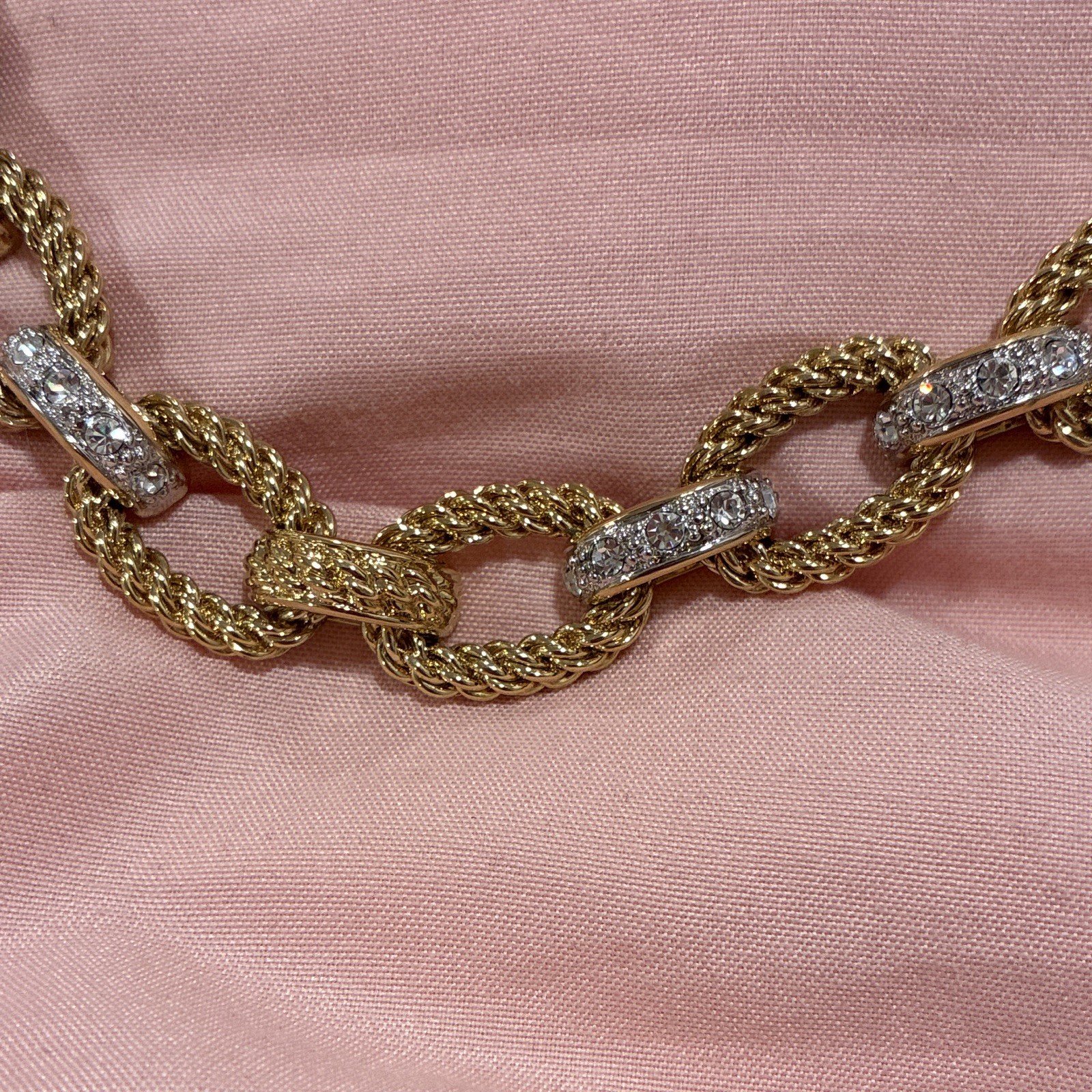 Gold Tone Oval Link Chain Necklace Clear Crystal Accent Links Box Closure