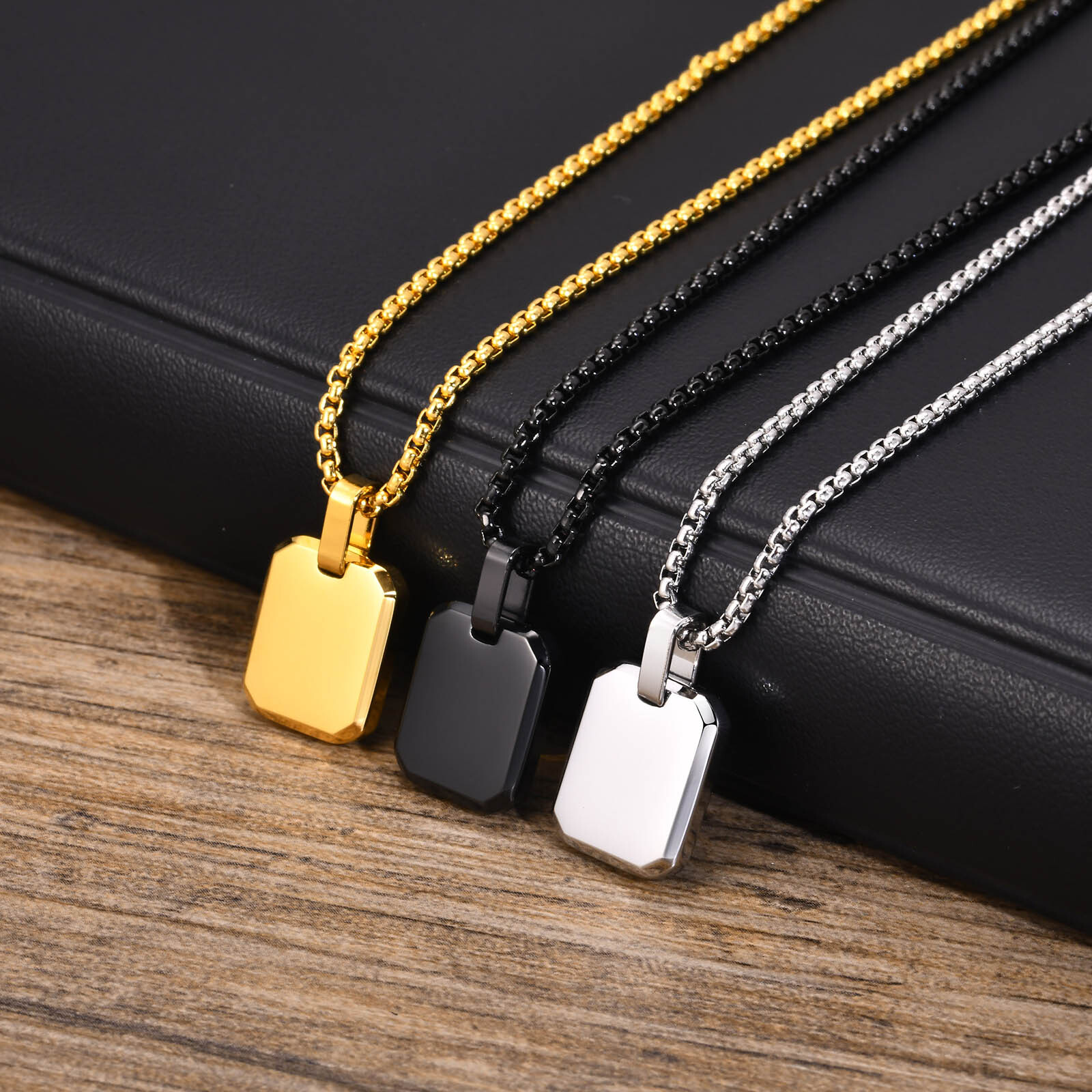 Vnox Free Engraving Unisex Geometric Necklaces, Square Pendant Women Men Jewelry
