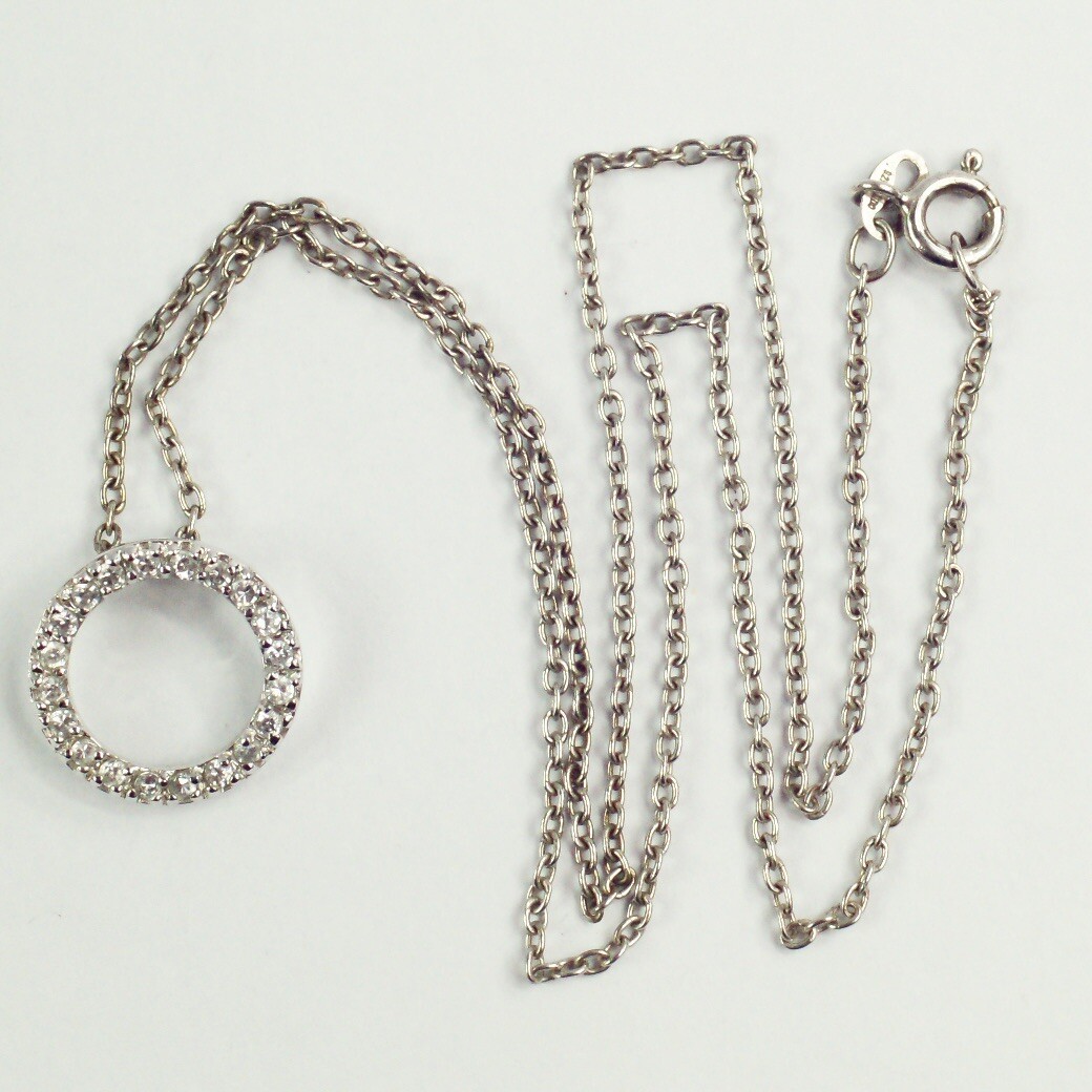 Sterling silver cable chain white/colorless CZ open circle pendant necklace 16”