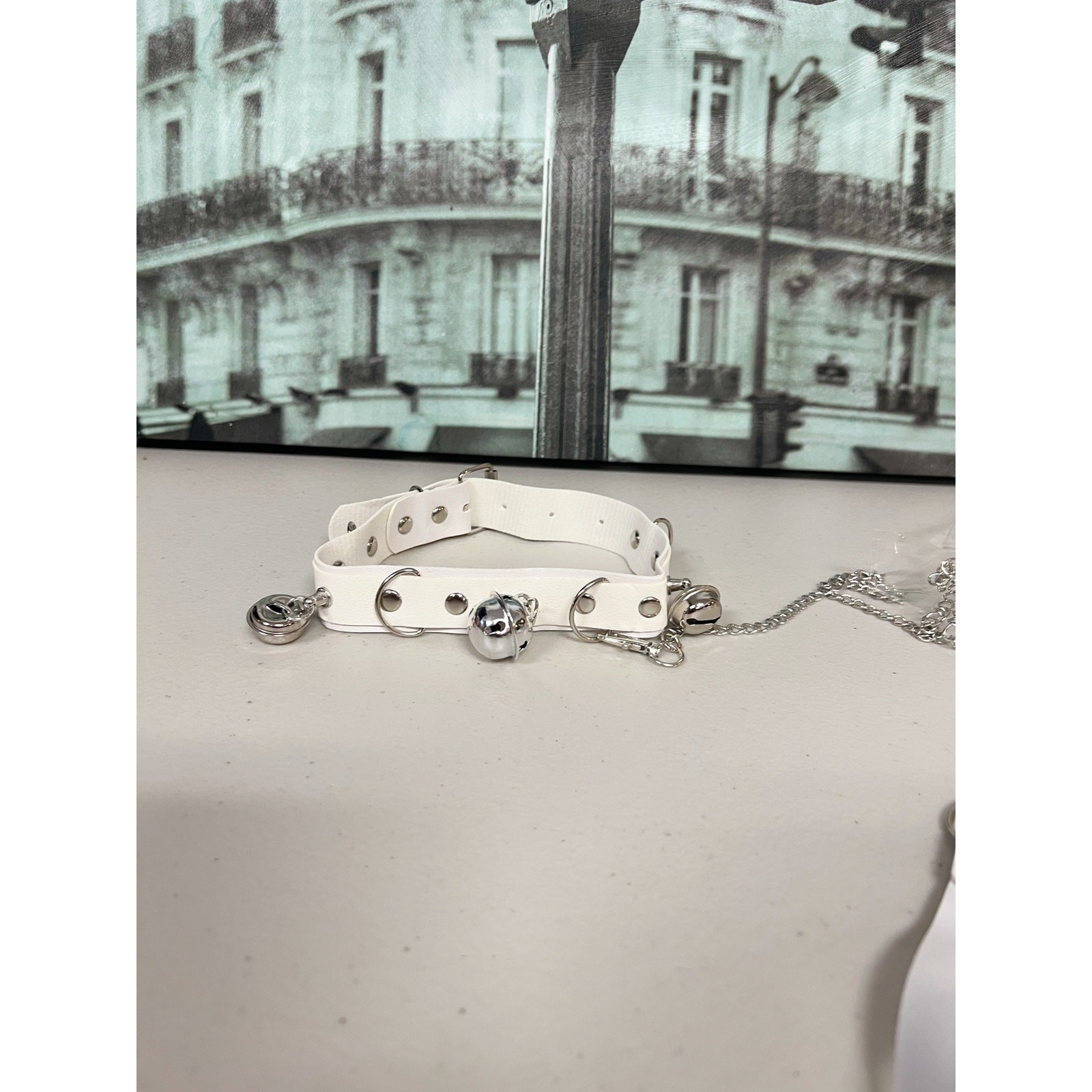Gothic Faux Leather Choker Set with Detachable Chain Leash and Bell