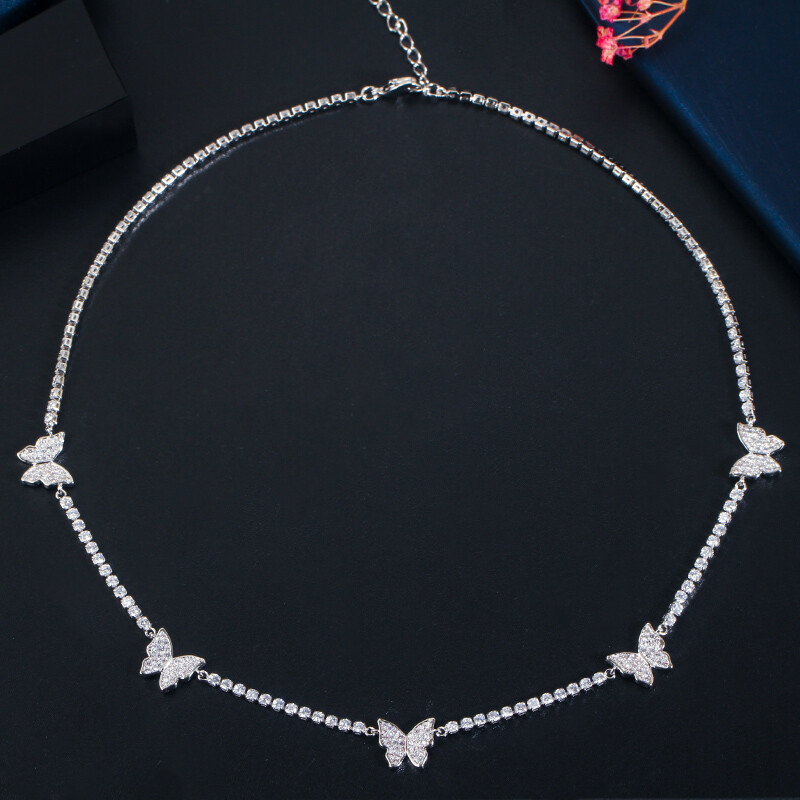 Cubic Zirconia Tennis Butterfly Connect Clavicle Round Choker Necklace for Women