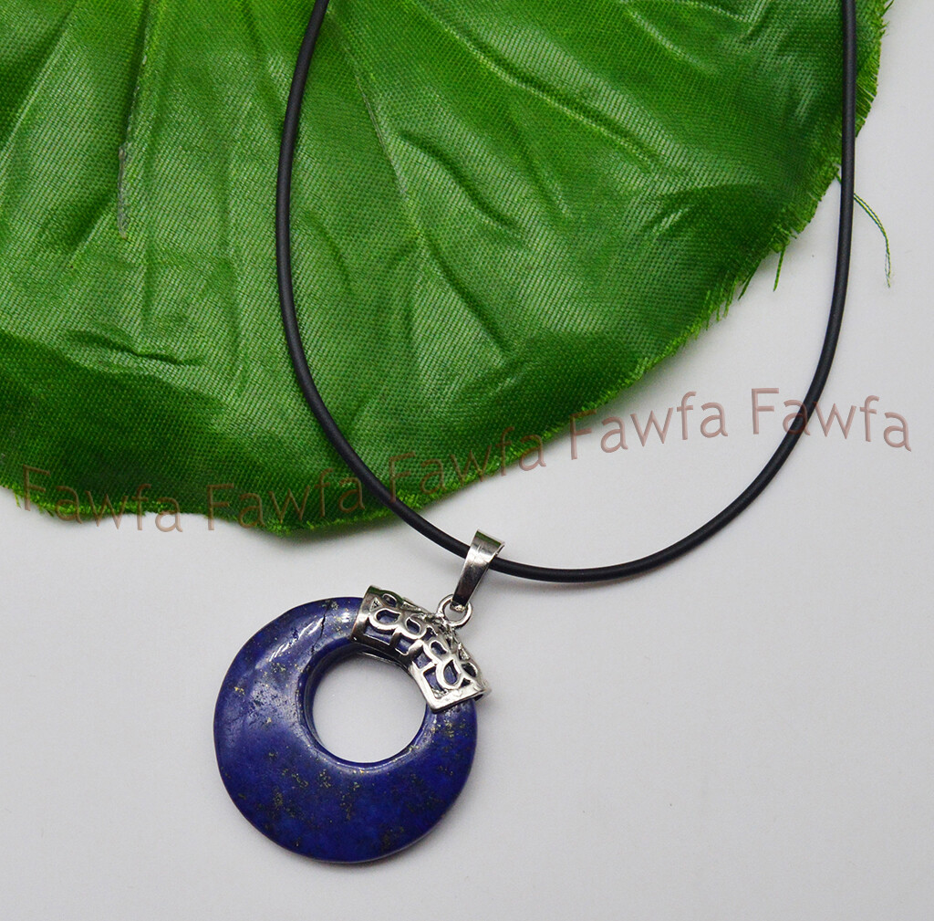 Fine 28mm Blue Lapis Lazuli Ring Round Pendant Black Leather Rope Necklace 18”