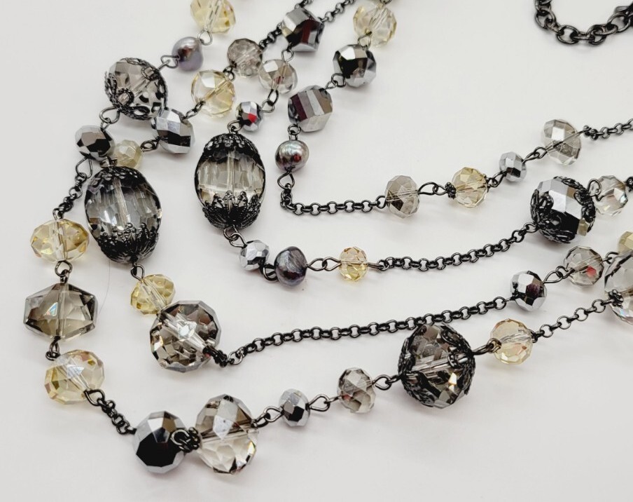 Black & Grey Beaded Multi Chain Layered NECKLACE Rocker 21″