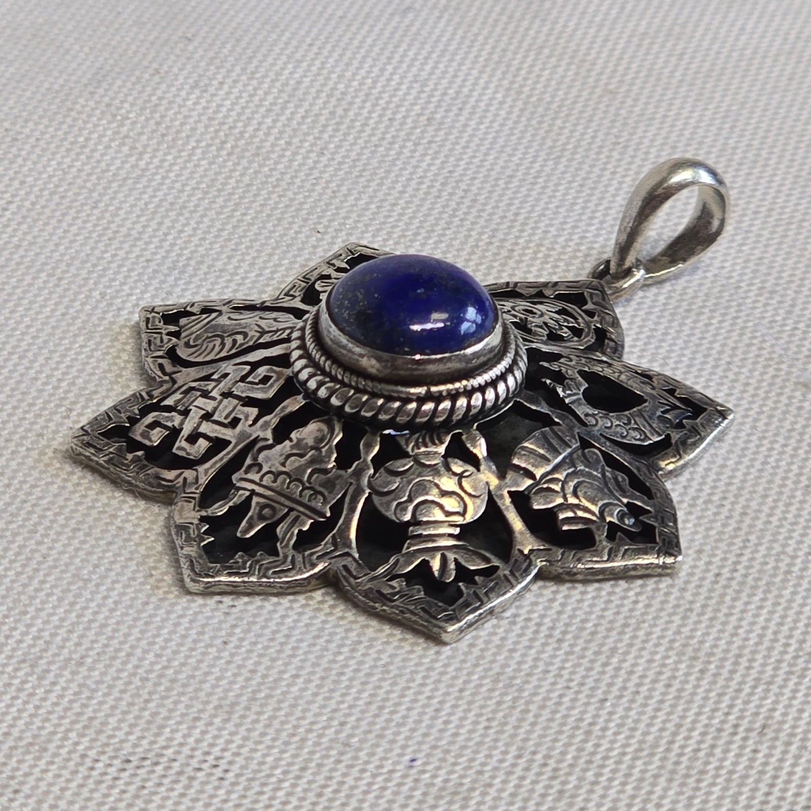 Sterling Silver Pendant 14.93g Jewelry Lapis Look Nepal Symbols Charm *READ*
