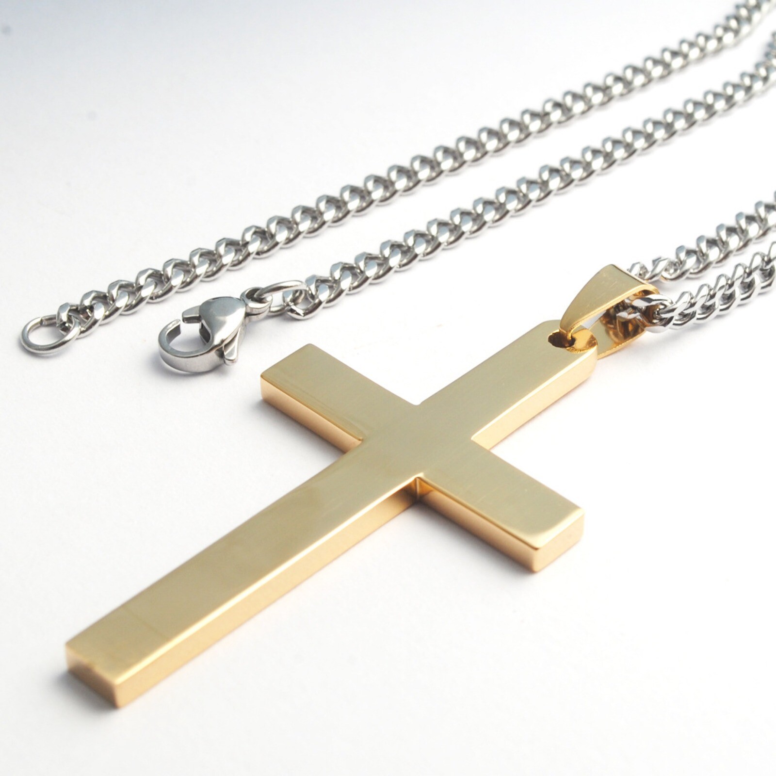 Stainless Steel Plain Silver Jesus Cross Crucifix Pendant Necklace Mens & Womens