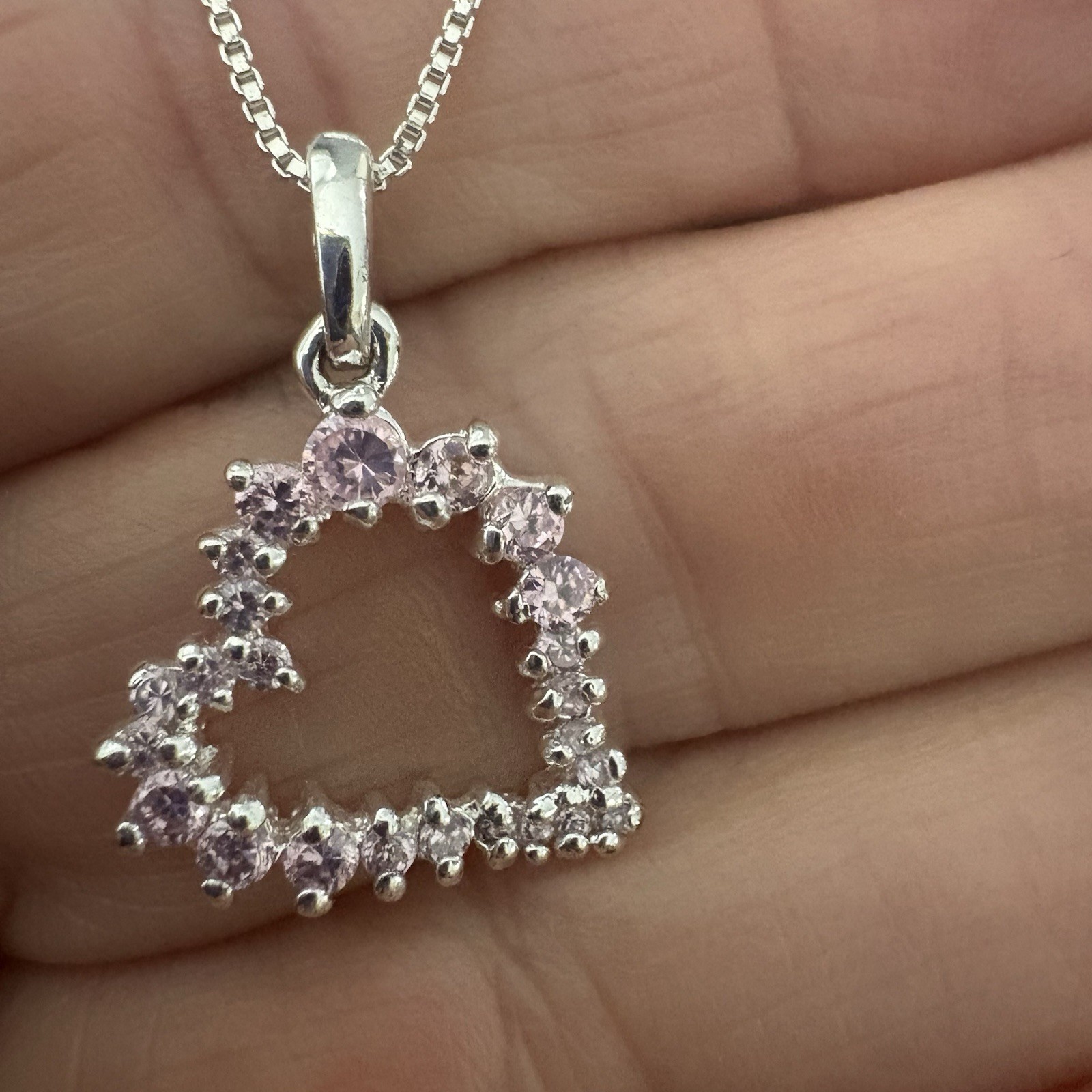 925 Sterling Silver Italy Box Chain Necklace Pink CZ Heart Pendant 18” Excellent