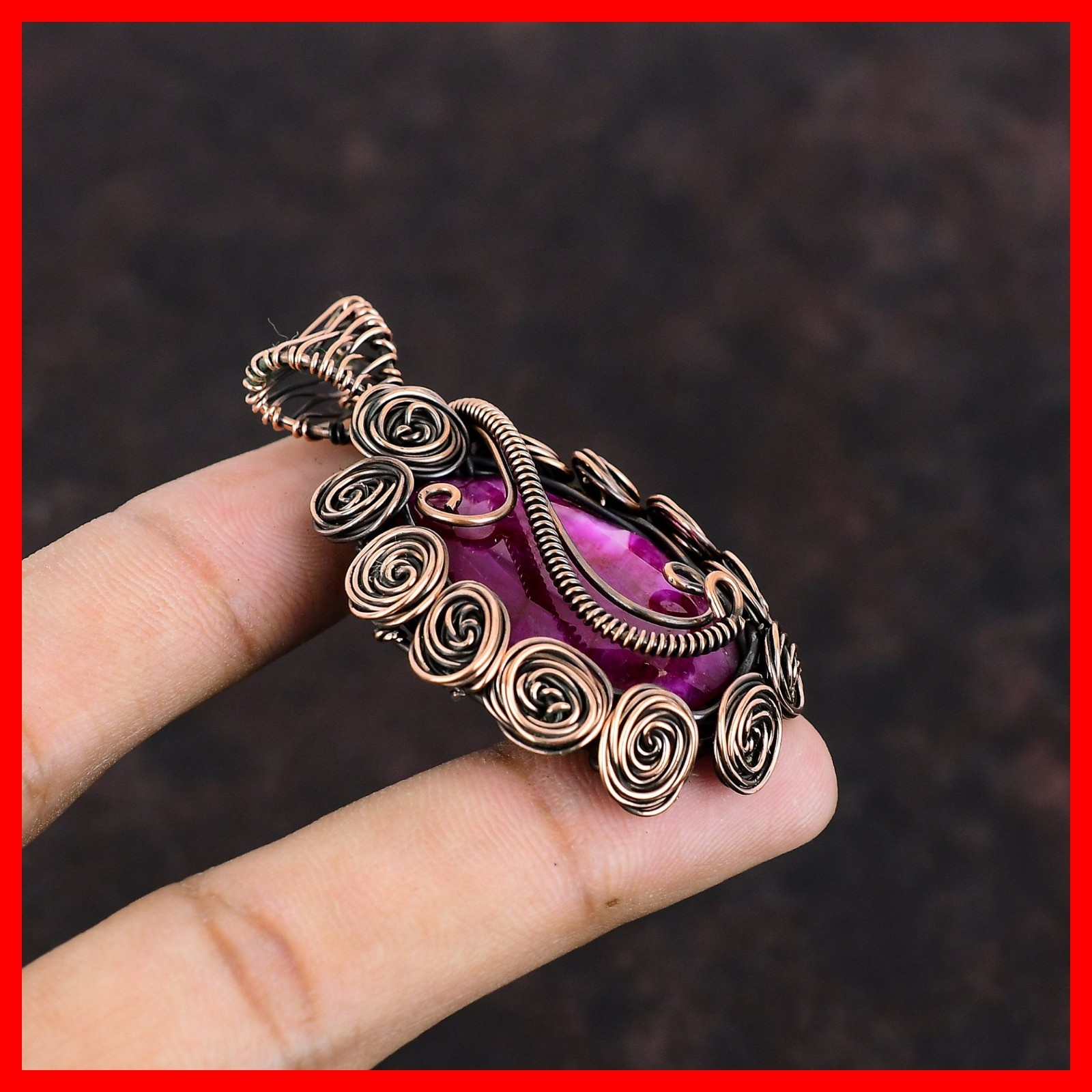 Copper Oval Kashmir Rubi Stone Daughter Wire Wrapped Flower New Pendant Jewelry