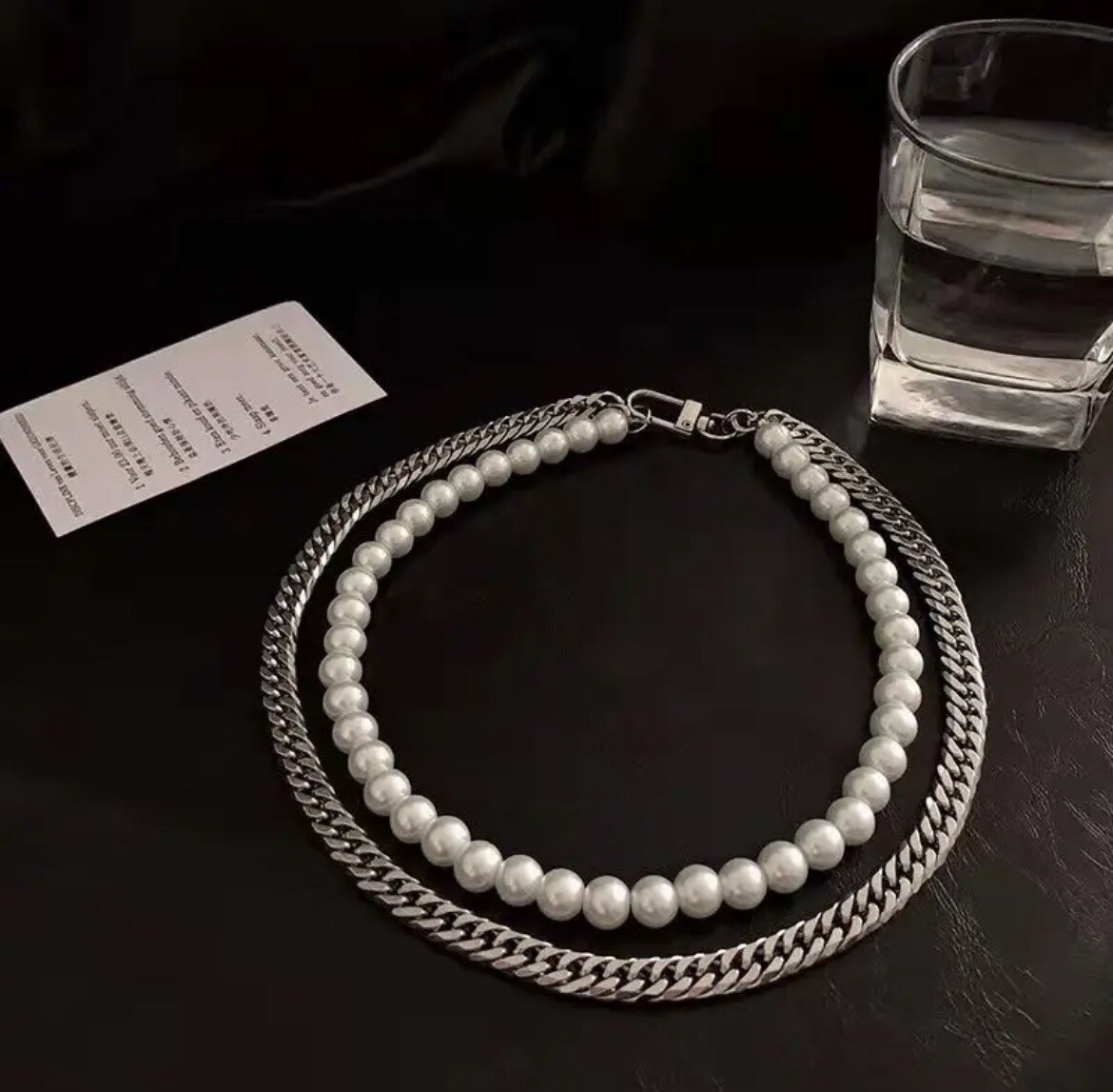 Men’s Fashion Double Layer Pearl Chain Layered Necklace 512