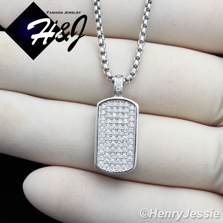 MEN 925 STERLING SILVER ICY BLING CZ DOG TAG PENDANT*SP56 WITH FREE 24″CHAIN