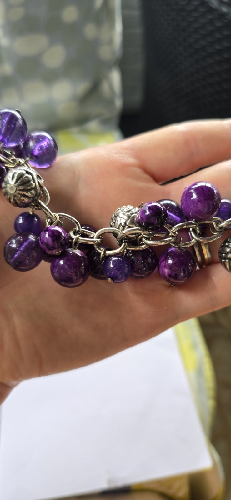 Silver Tone Statement Rolo Chain Necklace w/ Purple Acrylic Bead Cluster