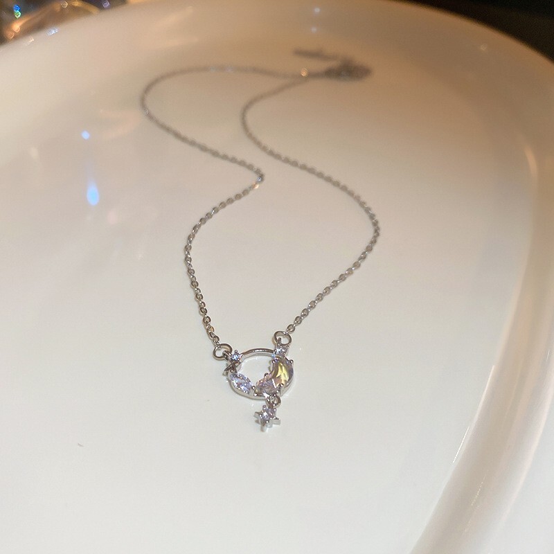 Pearl Color Moon Stone Cubic Zirconia Star Necklace Silver Chain Necklace 3483