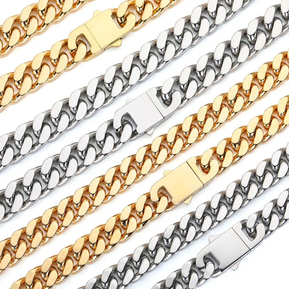 Cuban Link Chain Necklace Stainless Steel Flat Curb Wide Heavy Link Jewelry