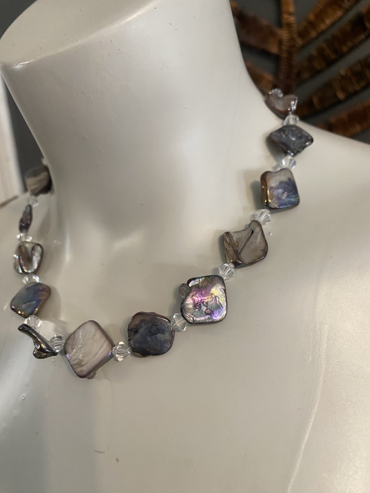 Necklace with Black Iridescent Natural Shell & Crystal Beads Choker
