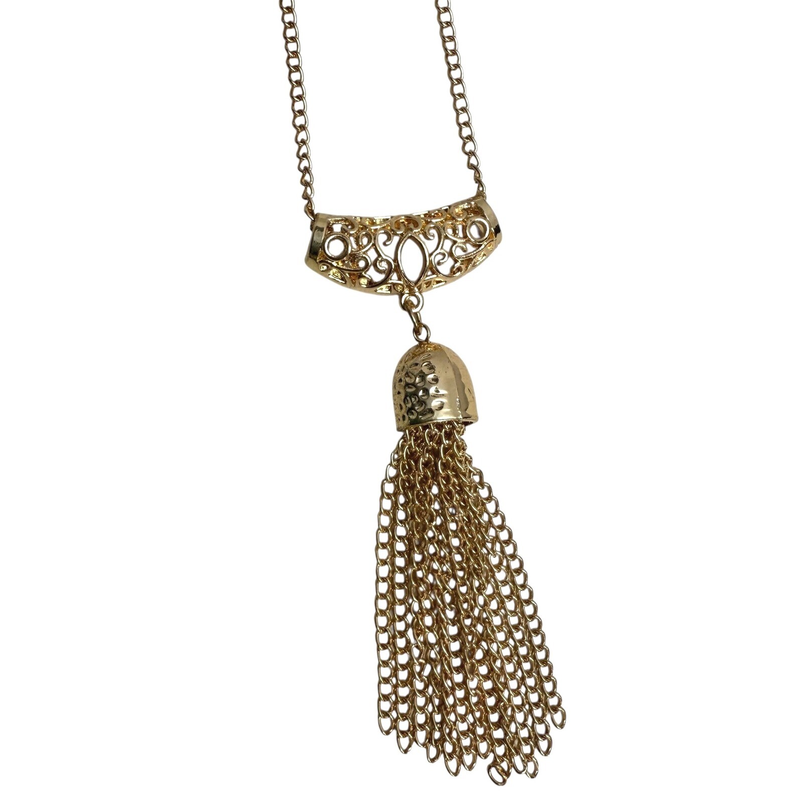 Gold Tone Fringe Tassel Pendant Necklace Chain Statement Fashion Jewelry 15 in L