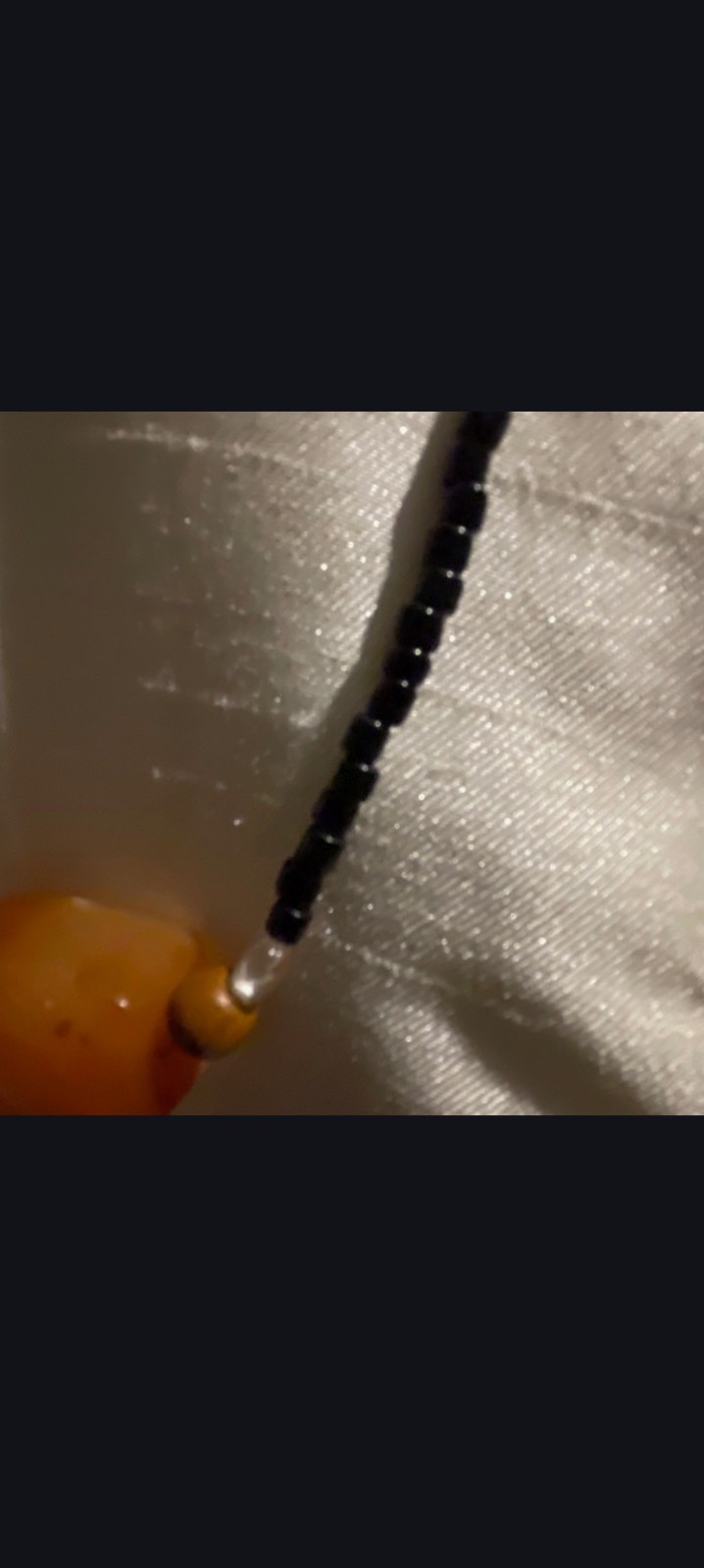 Black Beaded Ball Chain Necklace w/ Orange Rectangle Pendant Charm, Stone Glass